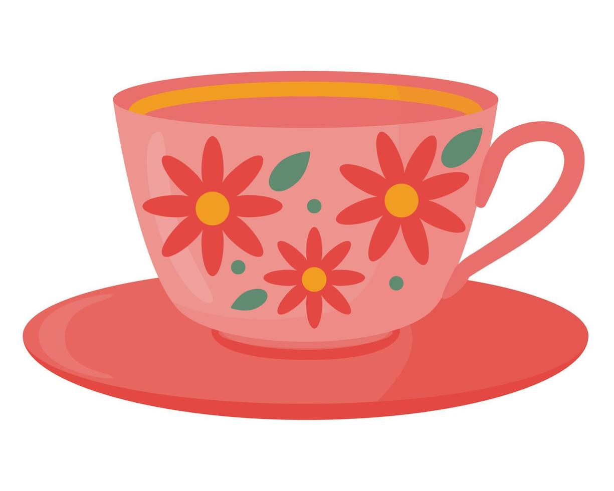 la taza y el platillo están vacíos con un patrón de flores y hojas. ilustración de vector plano de color aislado en un fondo blanco.