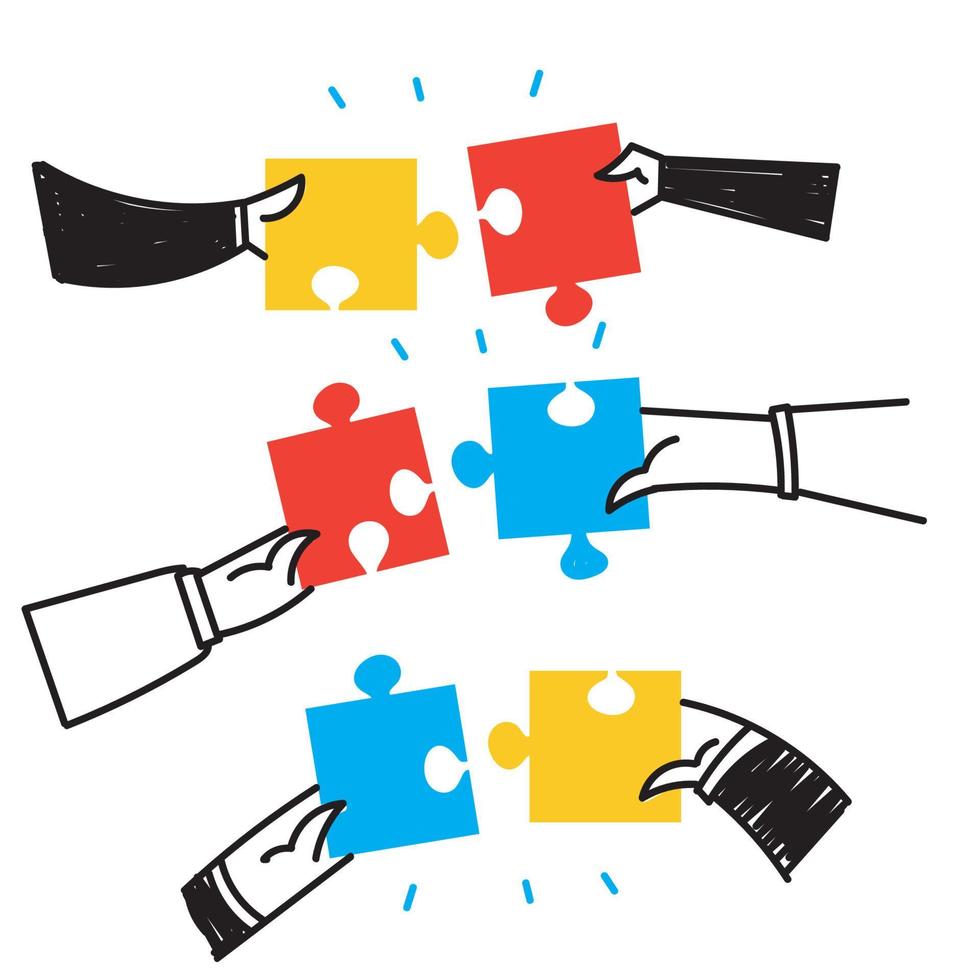 hand drawn doodle jigsaw puzzle pieces symbol of teamwork illustration vector