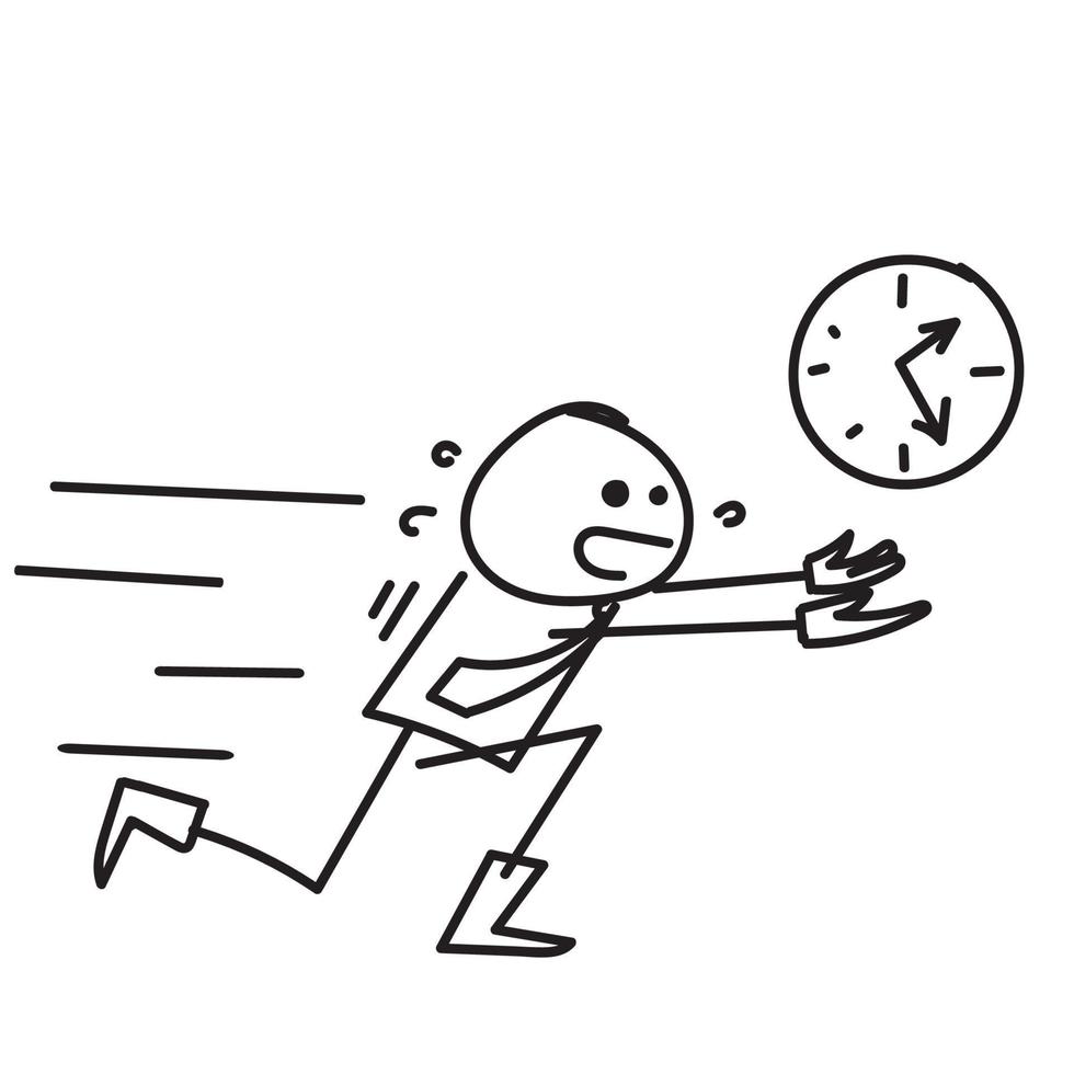 dibujado a mano doodle persona personas corriendo detrás de la ilustración del reloj vector