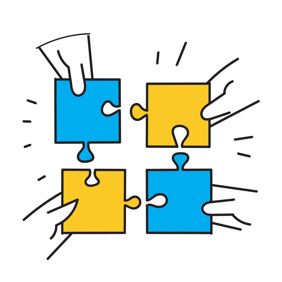 hand drawn doodle jigsaw puzzle pieces symbol of teamwork illustration vector