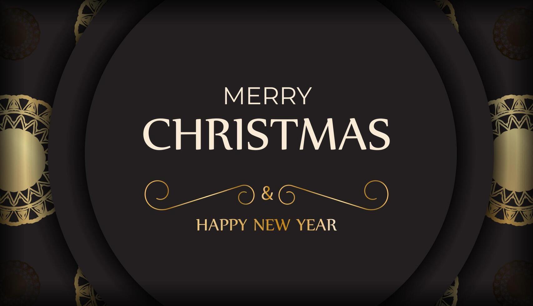 Merry Christmas and Happy New Year in black with gold ornaments. vector