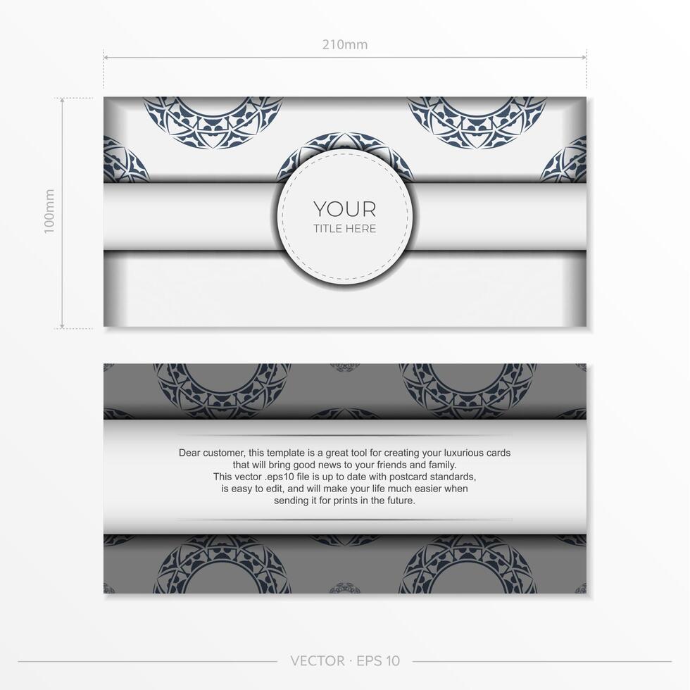 Luxurious Ready-to-Print Postcard Design in White with Patterns. Invitation card template with place for your text and abstract ornament. vector