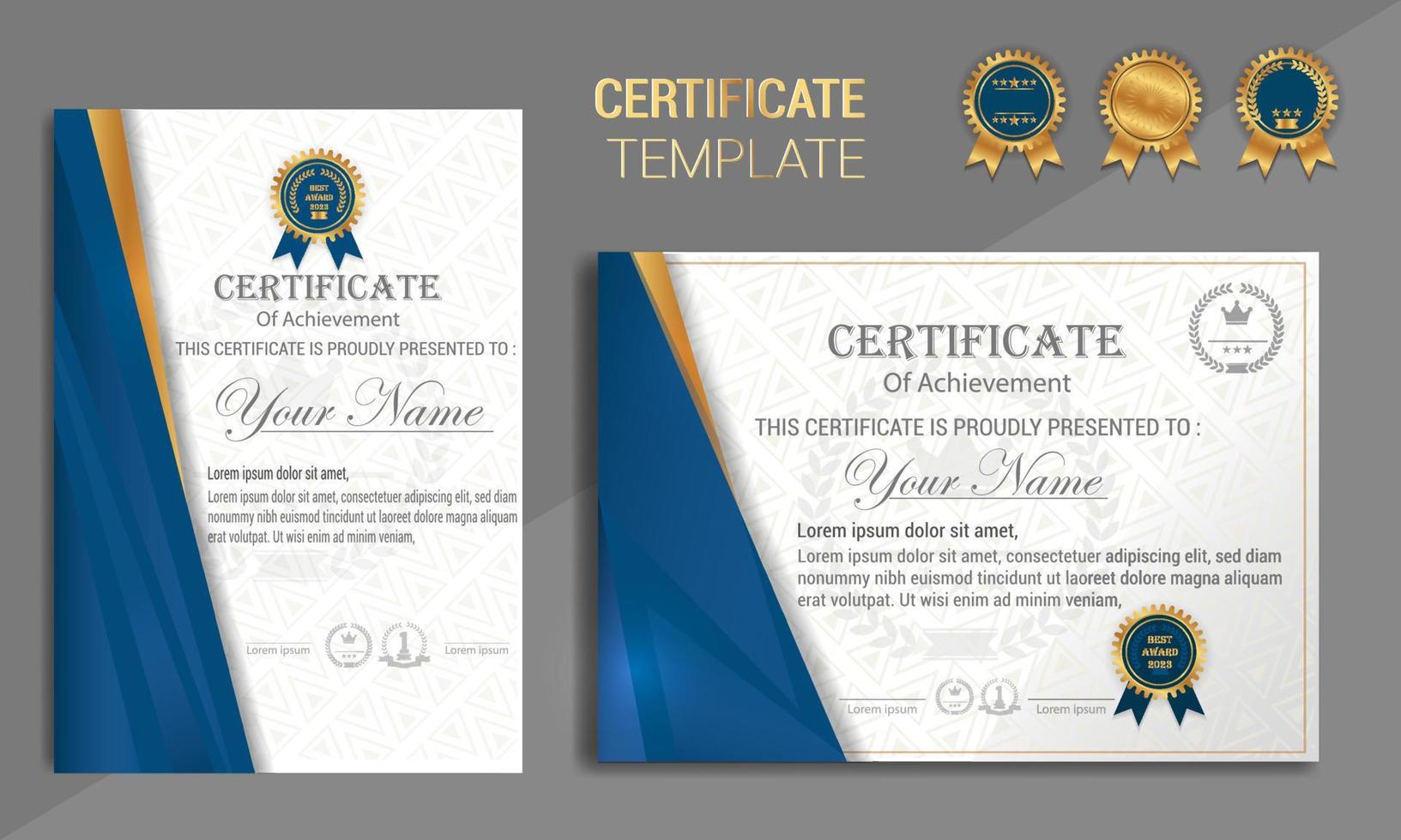 Premium certificate of achievement template, gold and blue color. Clean modern certificate with gold badge. Certificate border template with luxury and modern line pattern. Diploma vector template