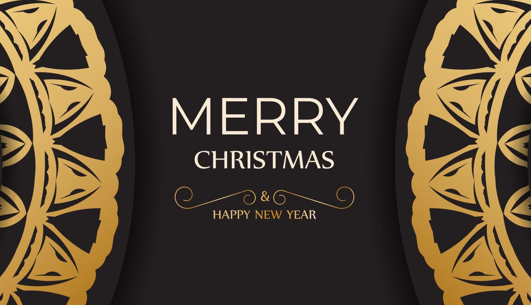 Merry Christmas and Happy New Year greeting flyer in black color with gold ornaments. vector