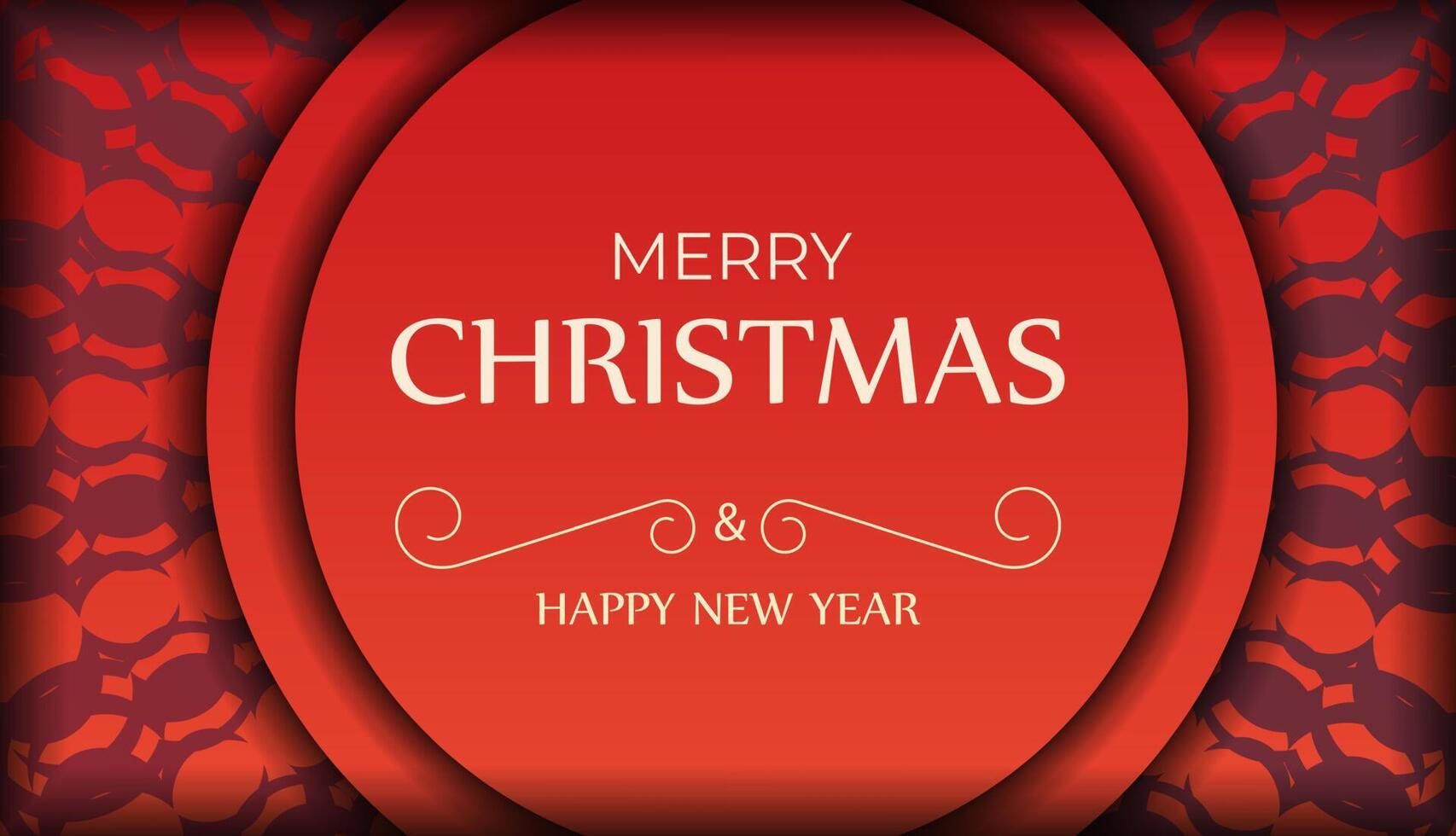 Merry Christmas and Happy New Year Red Color Greeting Flyer Template with Vintage Burgundy Pattern vector