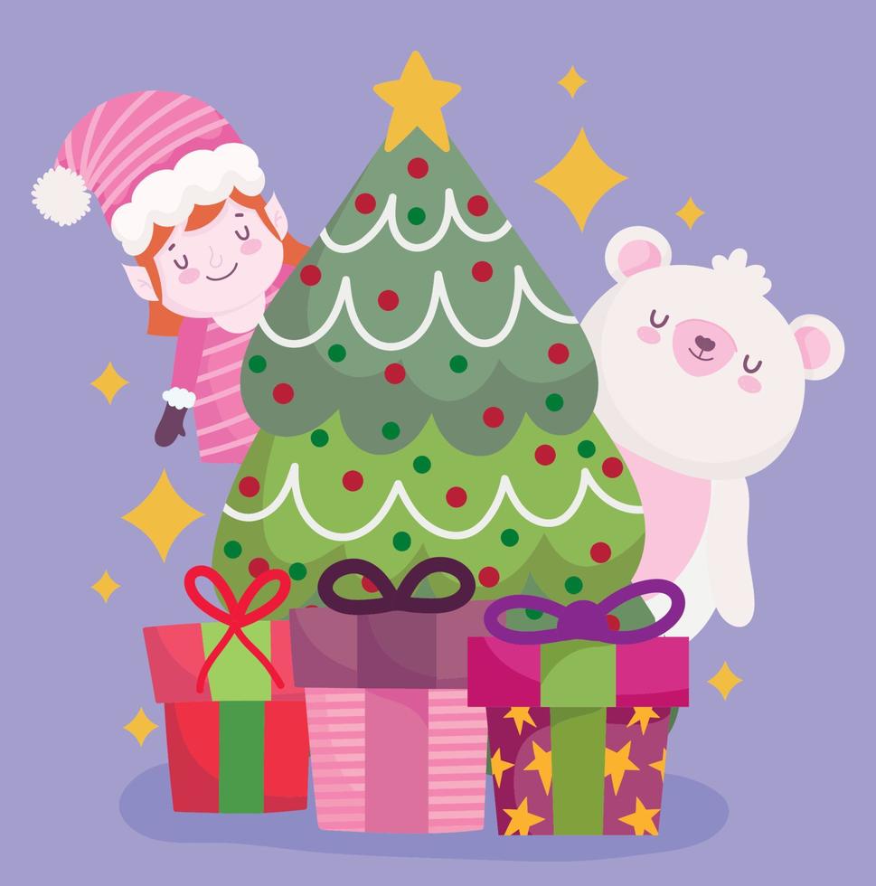 feliz navidad oso ayudante arbol y regalos decoracion y celebracion vector