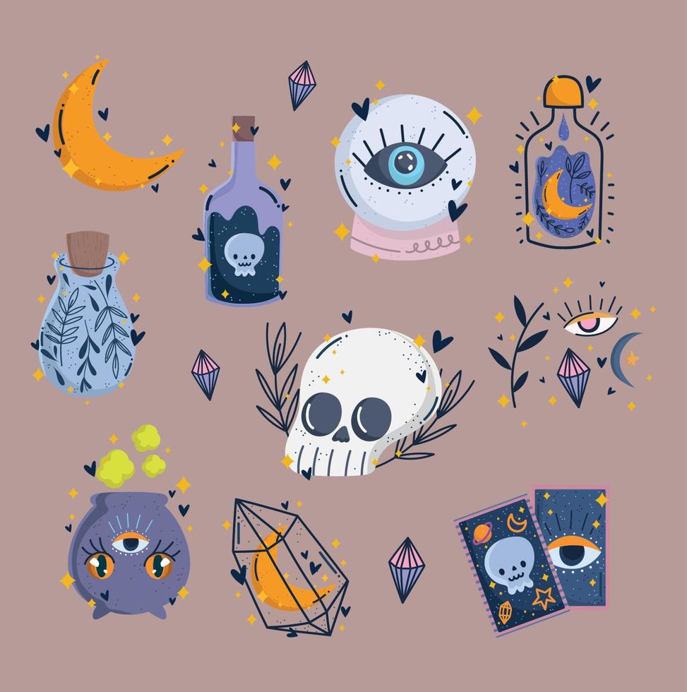 magic objects for rituals, bottle of magical potion skull tarot and cauldron vector