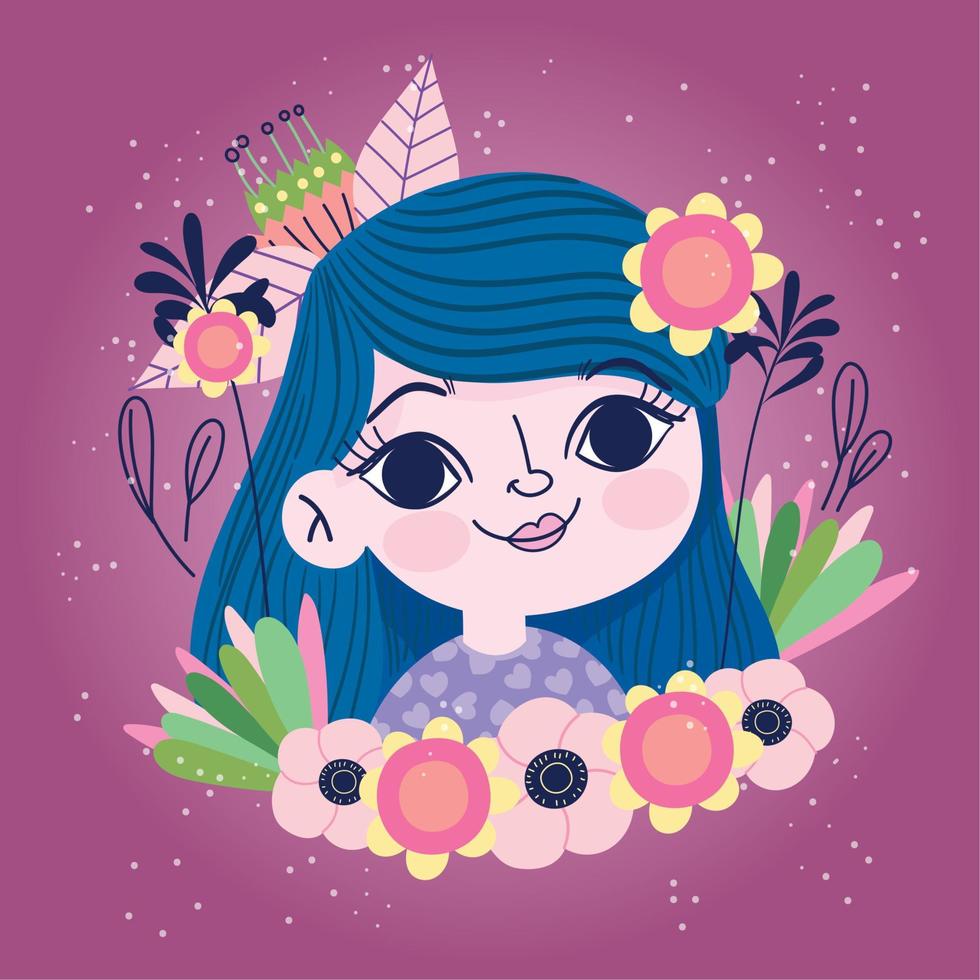 linda chica con cabello azul flores decoración floral botánica vector