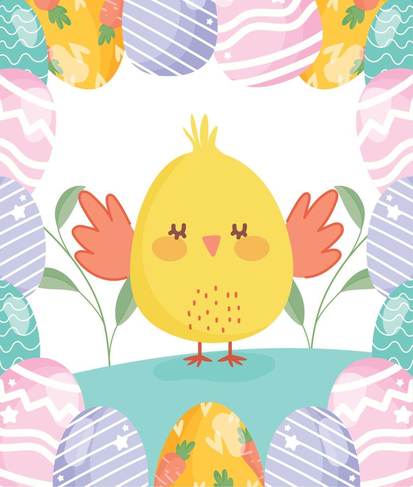 happy easter cute chicken with eggs border decoration flowers vector
