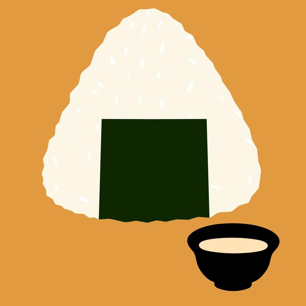 Vector onigiri wrapped in dried seaweed on orange background. Rice balls with a cup of hot tea. Great for traditional Japanese food logo