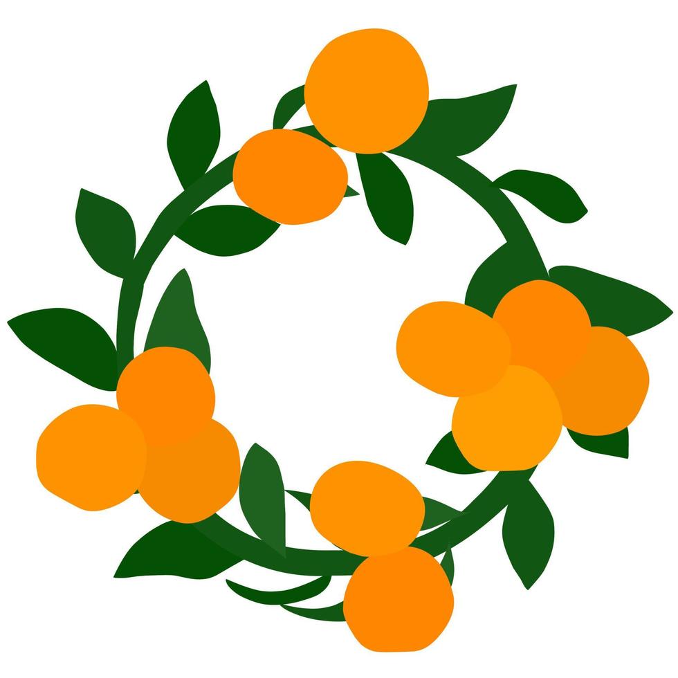 Vector illustration of mandarin orange fruit on a white background. The spreading stalk is round. Fresh ripe orange yellow orange with green leaves. Great for fruit juice logos, posters, web logos.