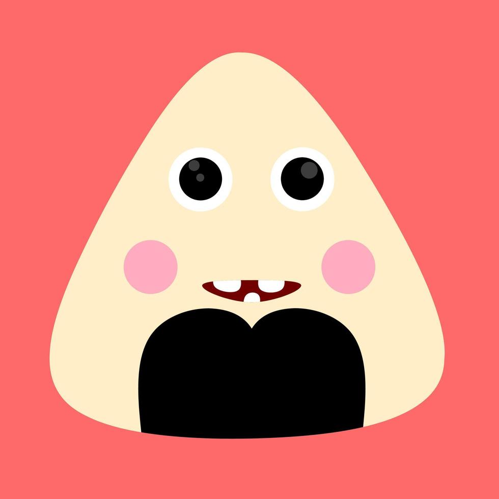 lindo icono onigiri con algas nori sobre fondo rosa. las bolas de arroz de dibujos animados tienen ojos, boca y mejillas, ideales para los logotipos de dibujos animados de comida japonesa. vector