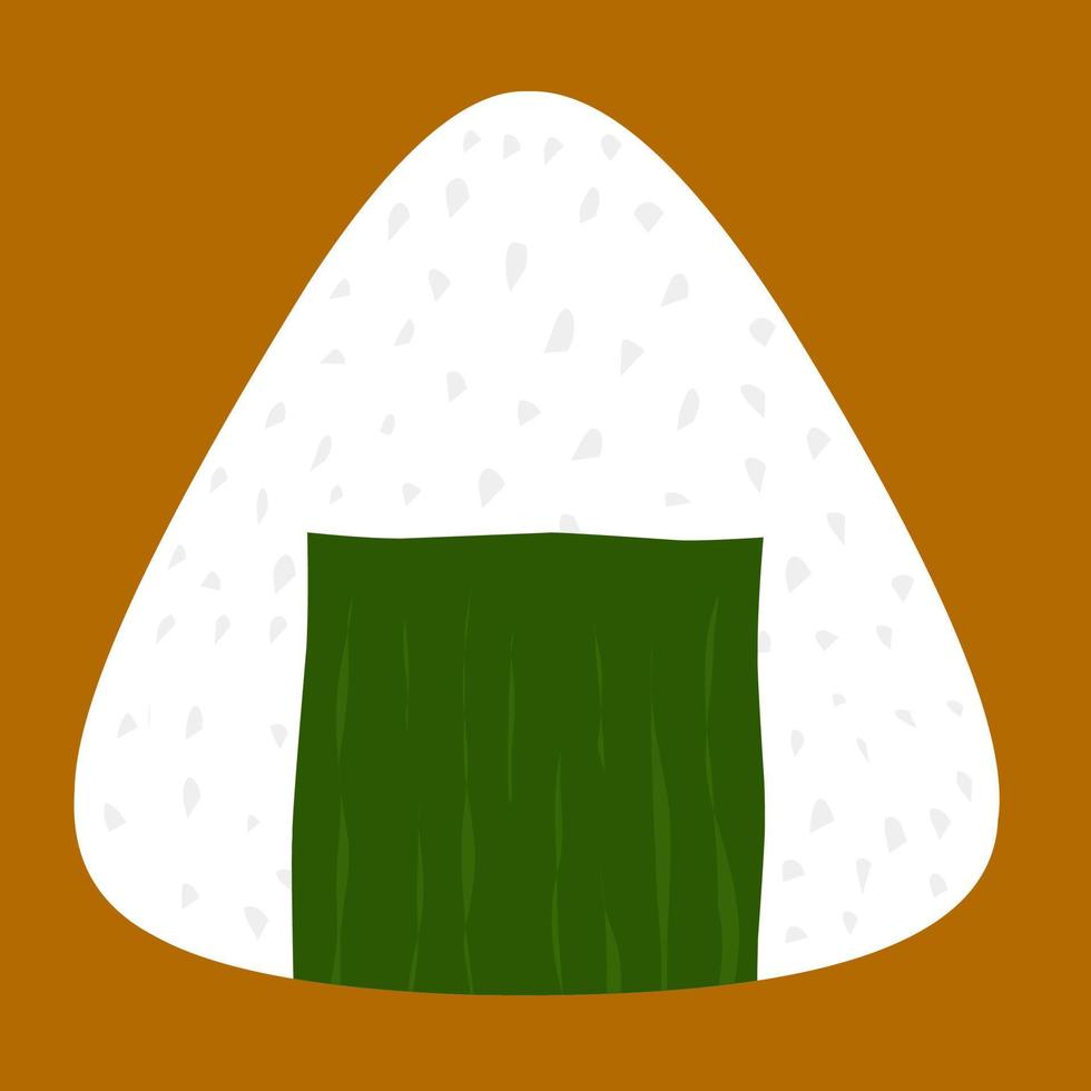 vector de bolas de arroz u onigiri sobre fondo marrón. un plato tradicional japonés envuelto en algas verdes y semillas de sésamo, y relleno de salmón.