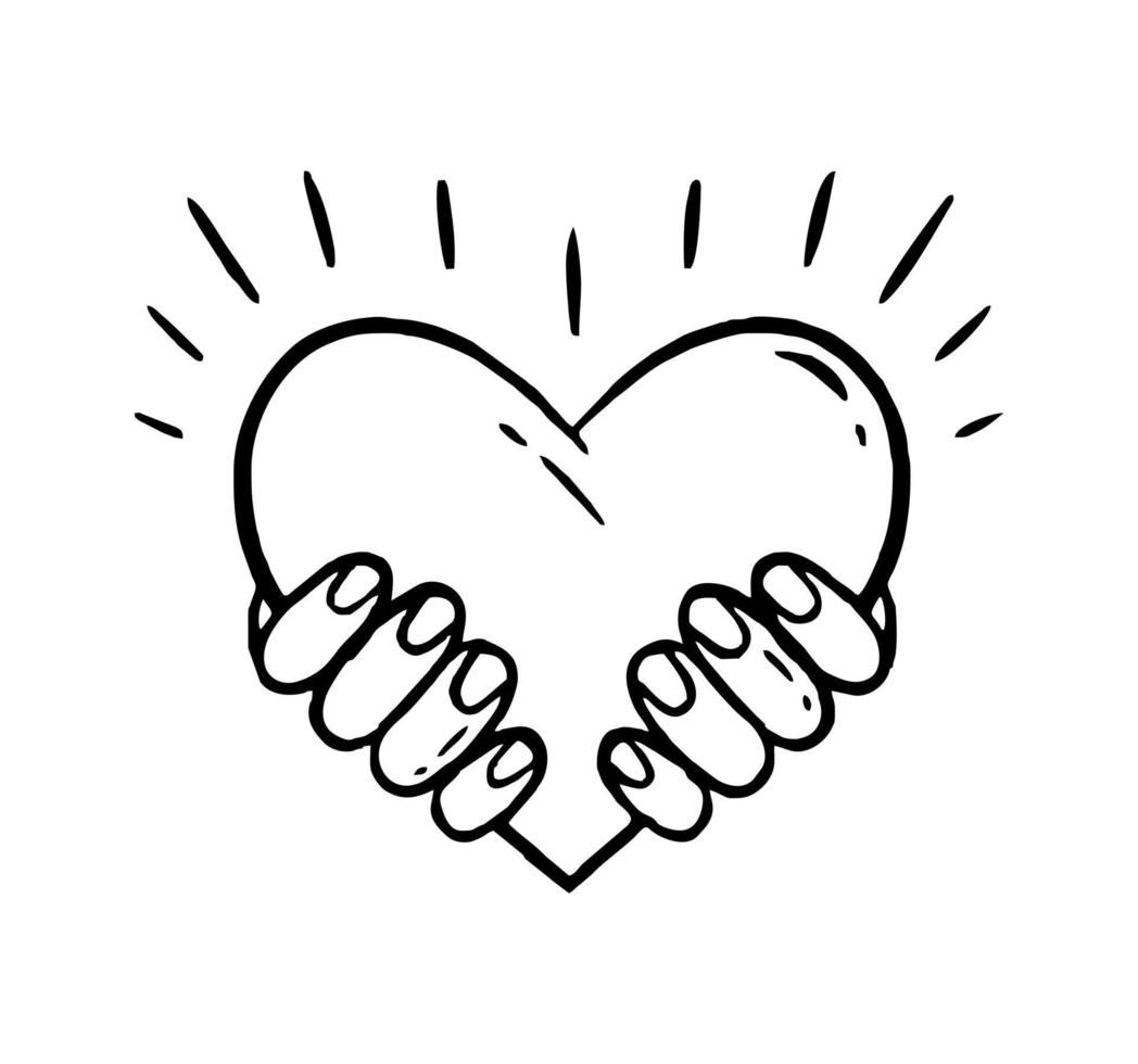 Heart in hand. Charity donation for health. Vector illustration of a doodle