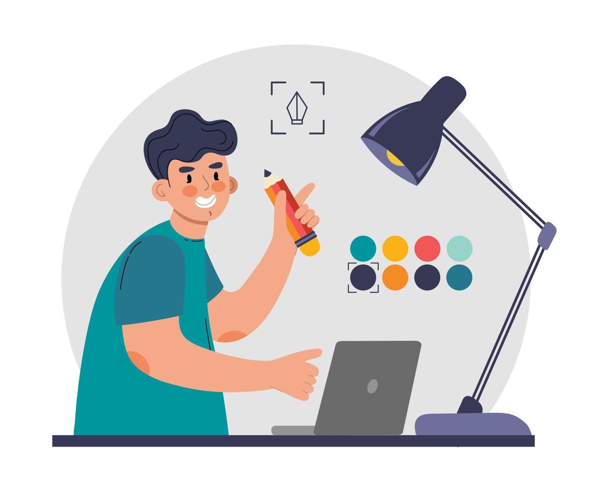 A male illustrator at a laptop. Vector illustration flat style