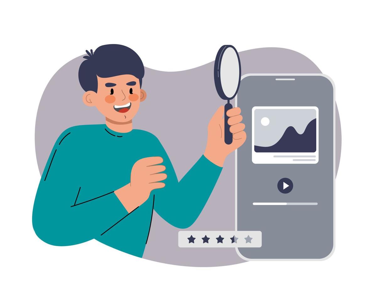 Man magnifying glass. Ui ux designer arrangement interface elements of the application and sites.  Vector illustration flat style