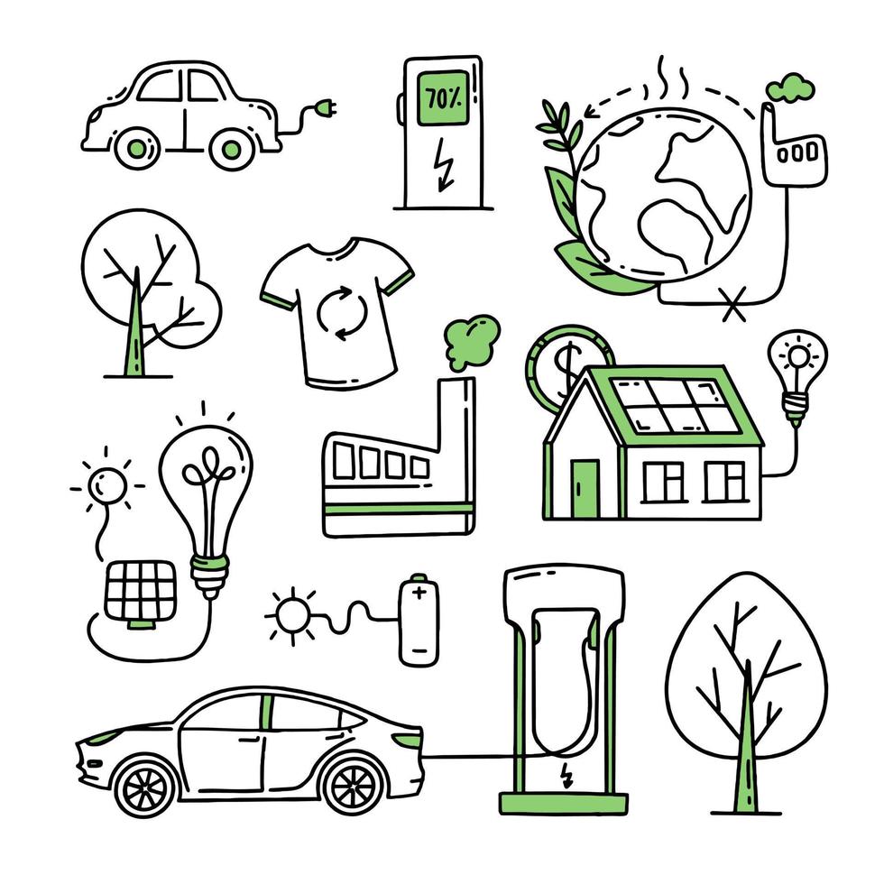 A set of elements. Co2 concept of climate change. Recycling. Separation of garbage. Vector isolated doodle