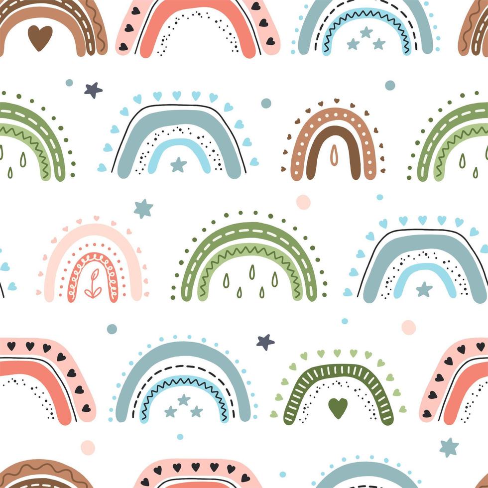 The pattern of cute boho rainbows. For decoration of childrens rooms and holidays. Vector modern style