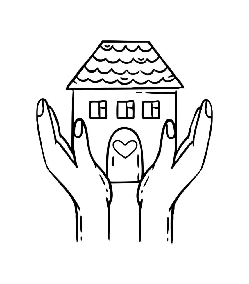 The house is a shelter in the hands. Charity donation for health. Vector illustration of a doodle