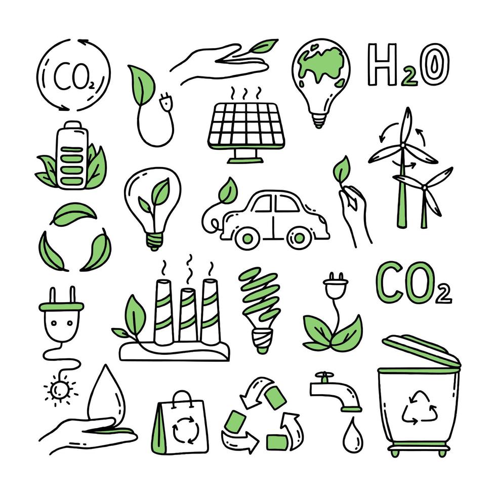 A set of elements. Co2 concept of climate change. Recycling. Separation of garbage. Vector isolated doodle