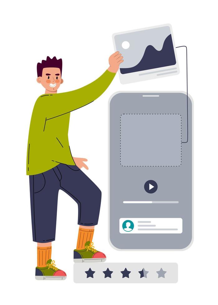 Ui ux designer arrangement interface elements of the application and sites. The man is working with a mobile application. Vector illustration in a flat style