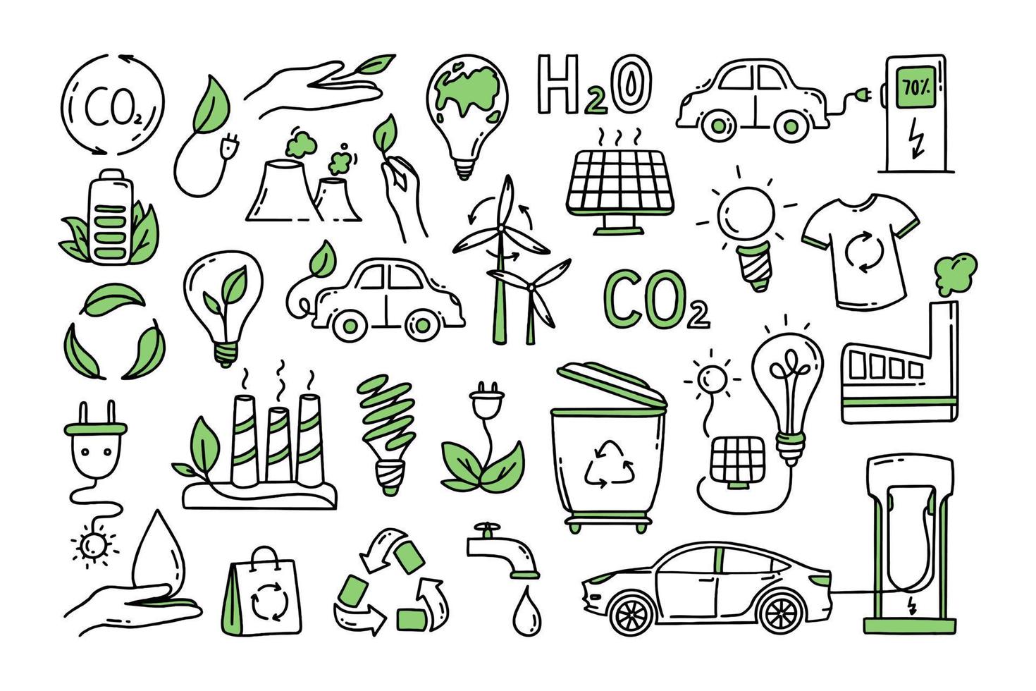 un conjunto de elementos. co2 concepto de cambio climático. reciclaje. separación de basura. vector garabato aislado