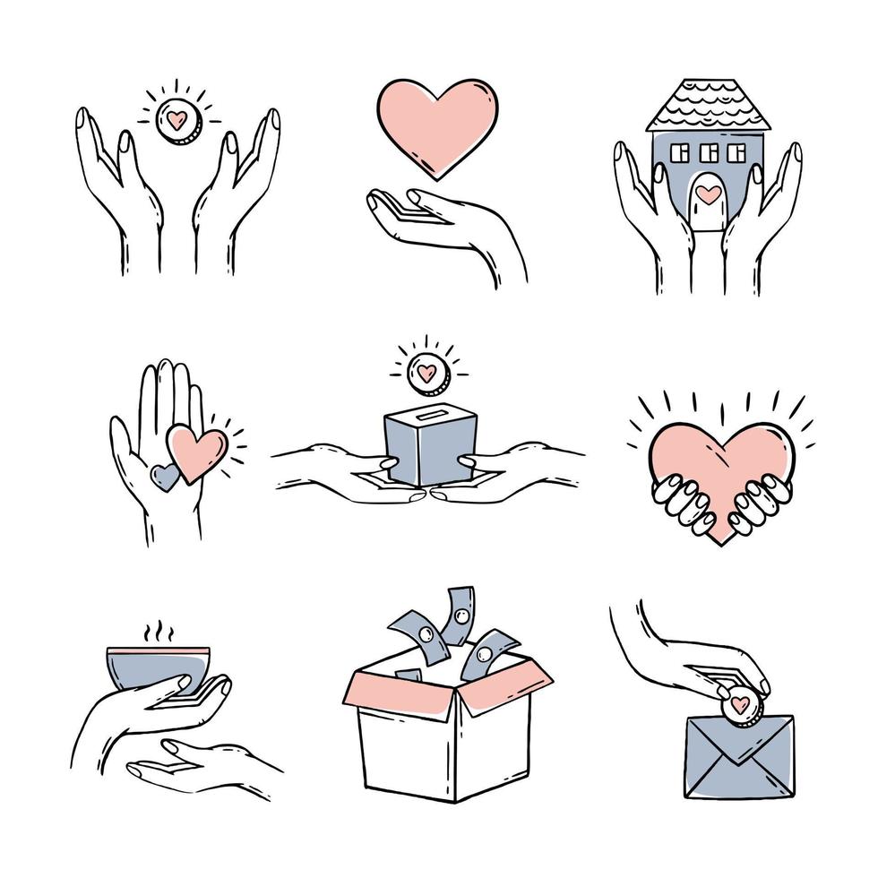 Charity donation for health. A set with elements of hearts in his hands. Vector illustration of a doodle