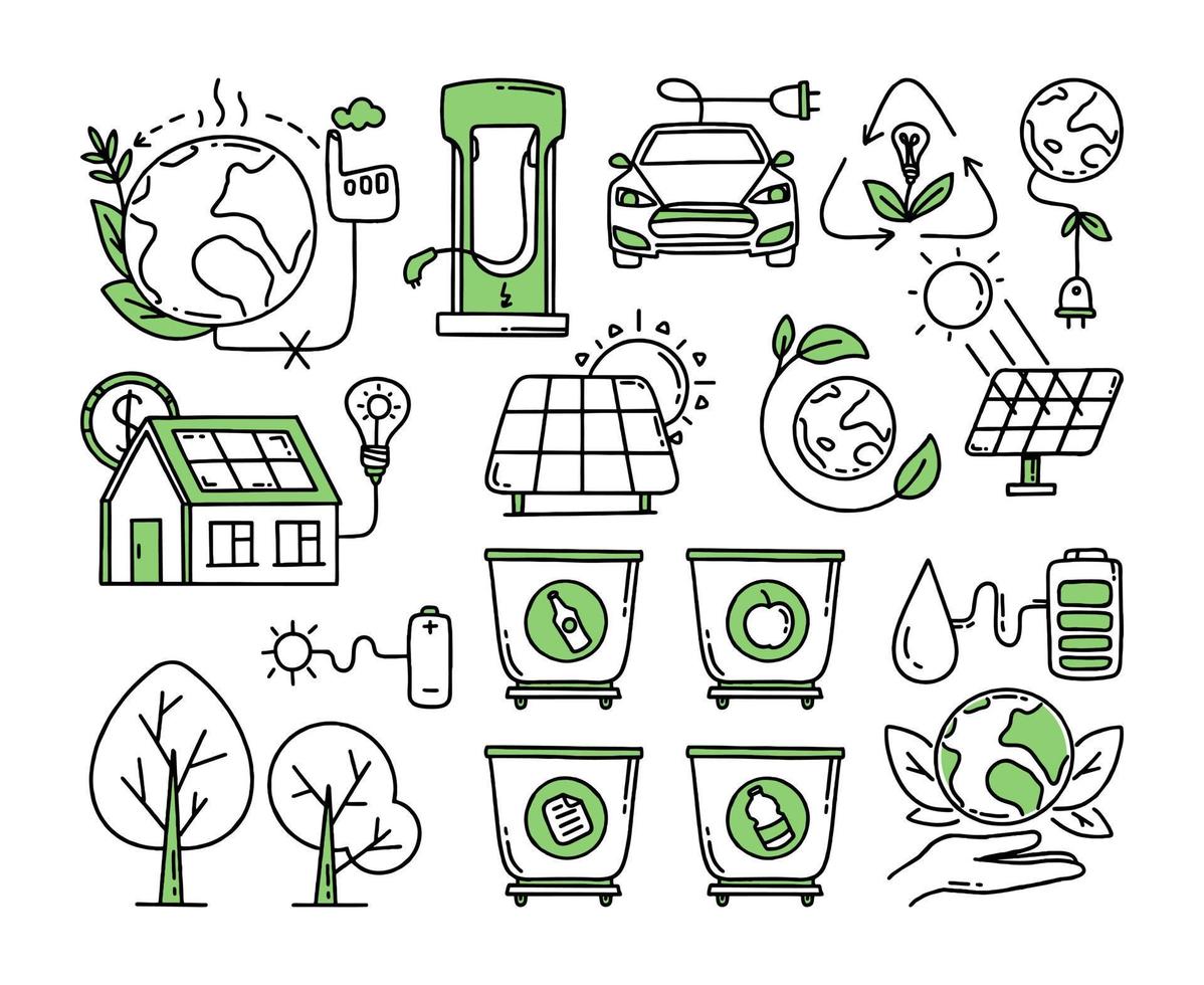 A set of elements. Co2 concept of climate change. Recycling. Separation of garbage. Vector isolated doodle