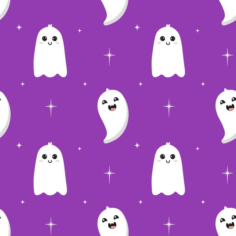 Seamless pattern with cute cartoon ghosts and stars. White ghosts on purple background. Halloween illustration.  Background for wrapping paper, greeting cards and seasonal designs. vector