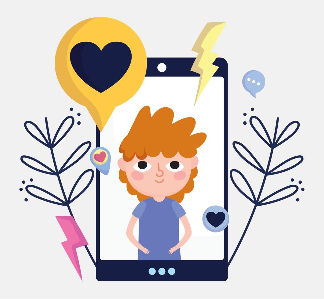 young boy on screen smartphone love chat social media vector