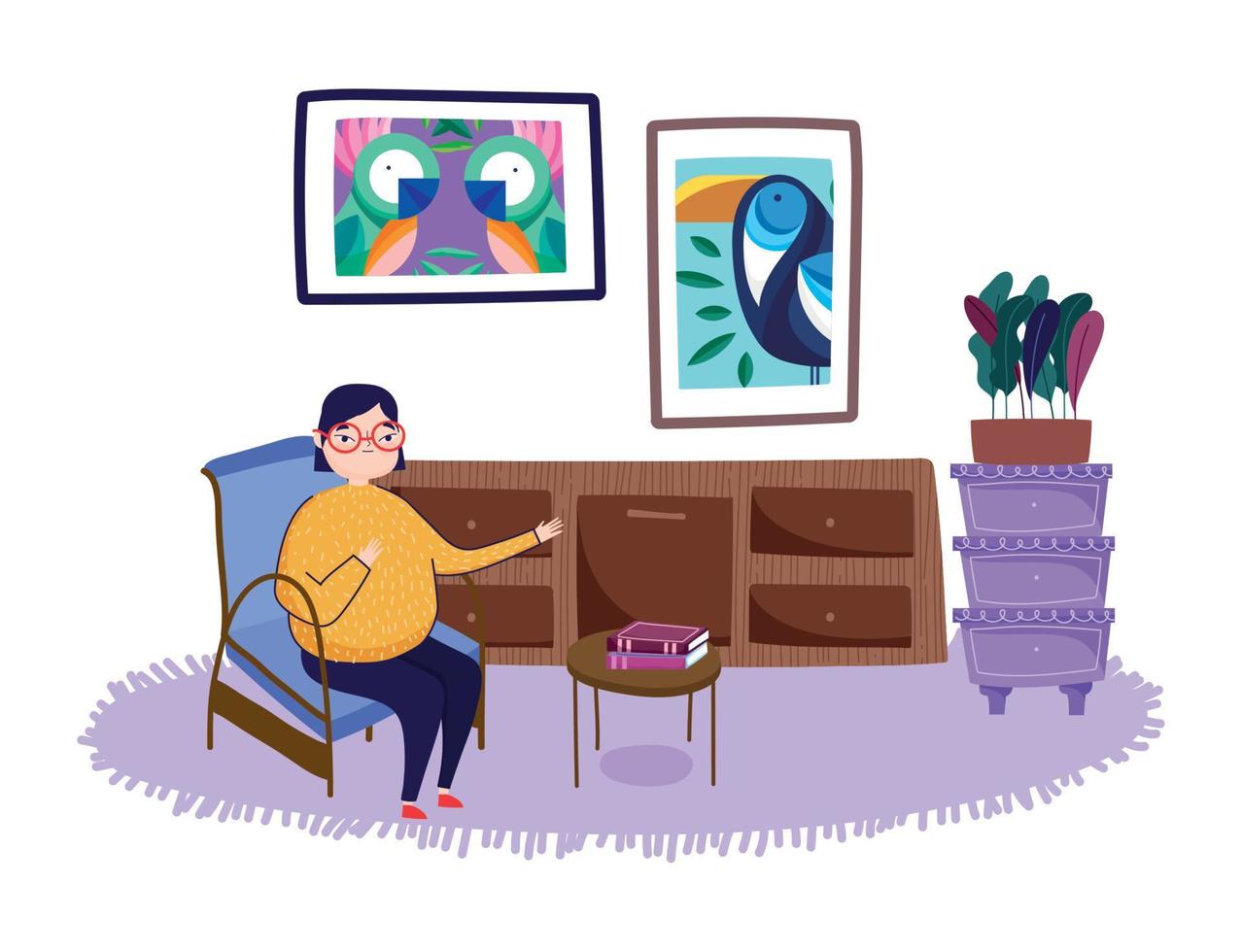 mujer en silla habitación cajones planta cuadros en pared vector