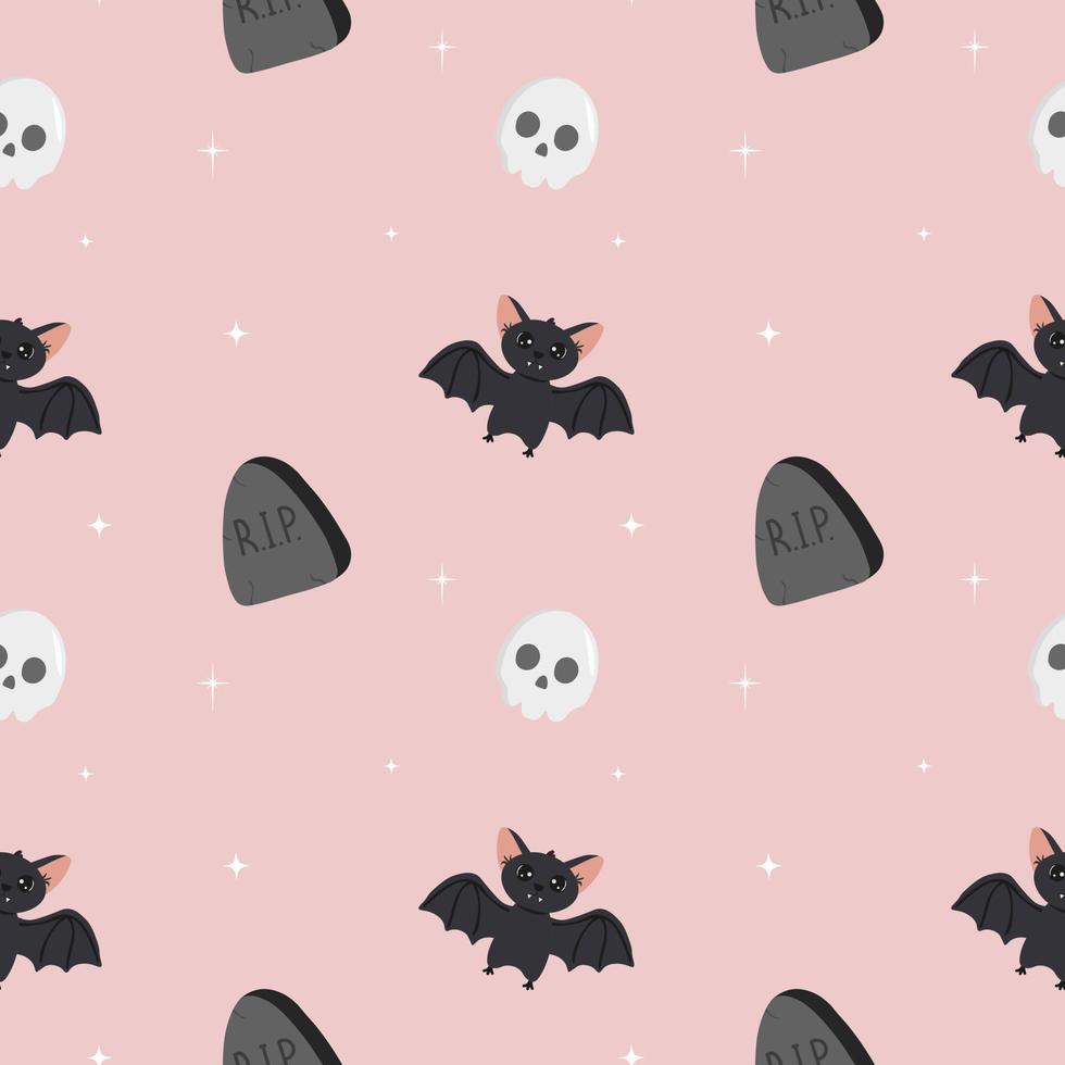 Vector seamless halloween pattern with skull, bat, headstone isolated on pink background. Perfect for  for fabric, wrapping, textile, wallpaper, clothing, greeting cards. Halloween background