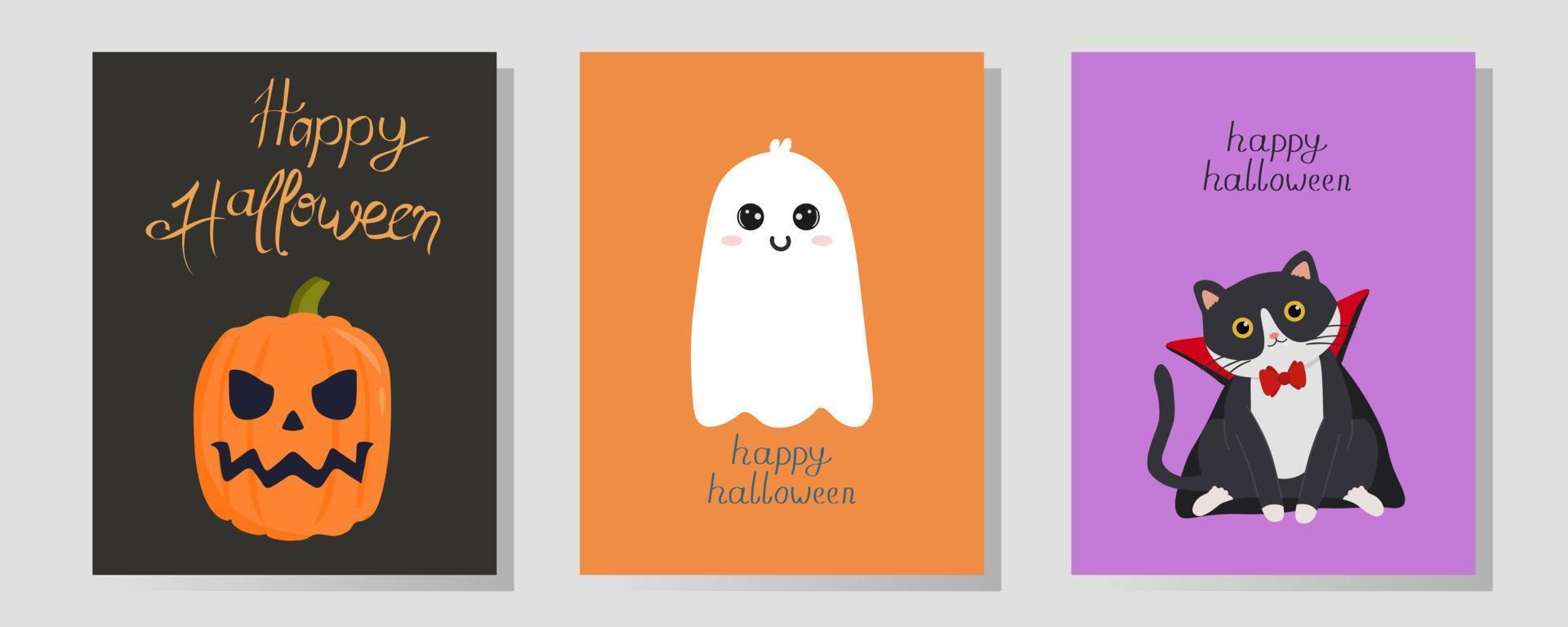 Vector Halloween greeting card, flyer, banner, poster templates with cute characters. Printable greeting cards illustration. Design for Halloween in traditional halloween colors