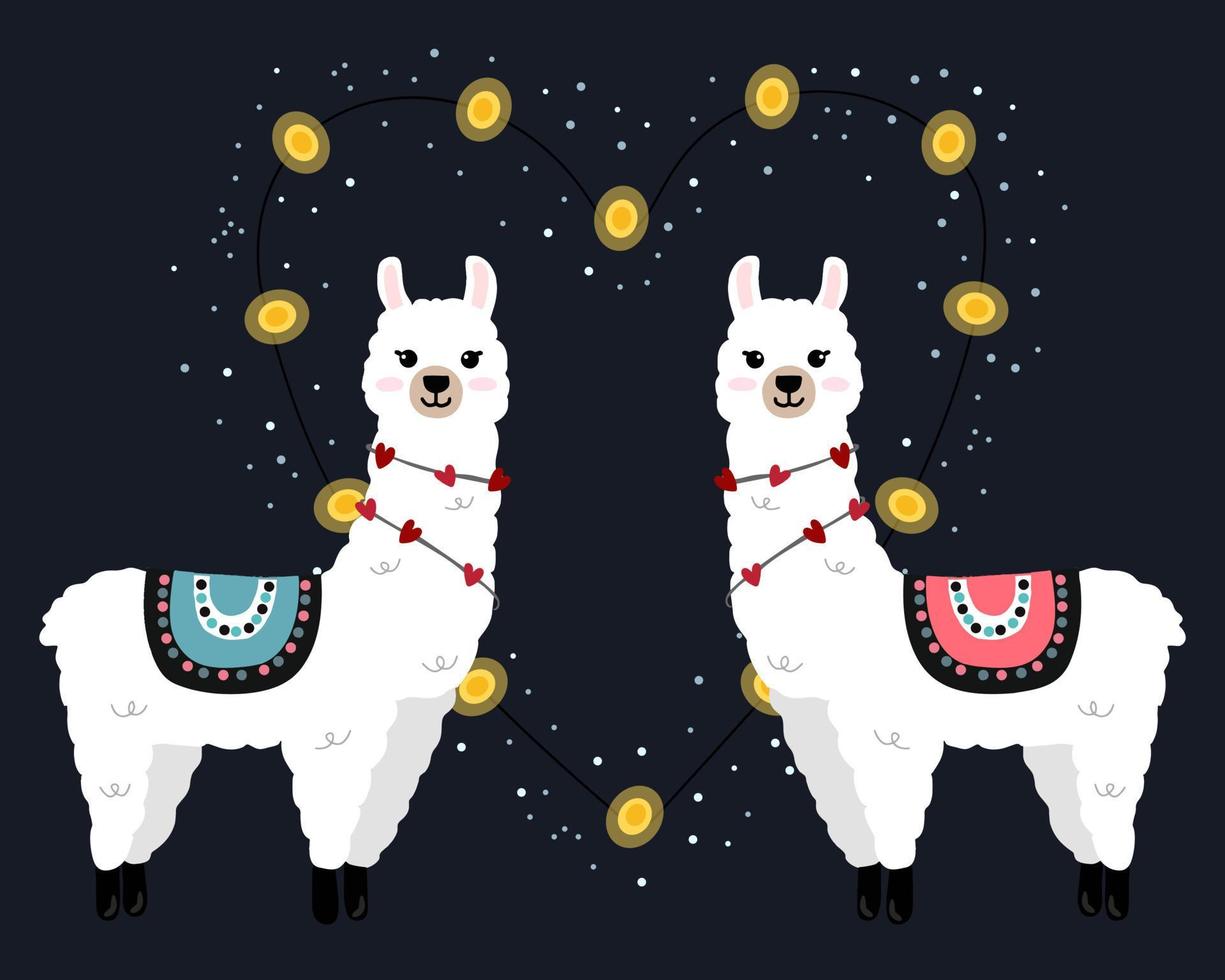 Cute llamas on blue background with hearts in cartoon flat style. Alpacas in love vector illustration for prints, textile, greeting cards, posters etc. Vector illustration