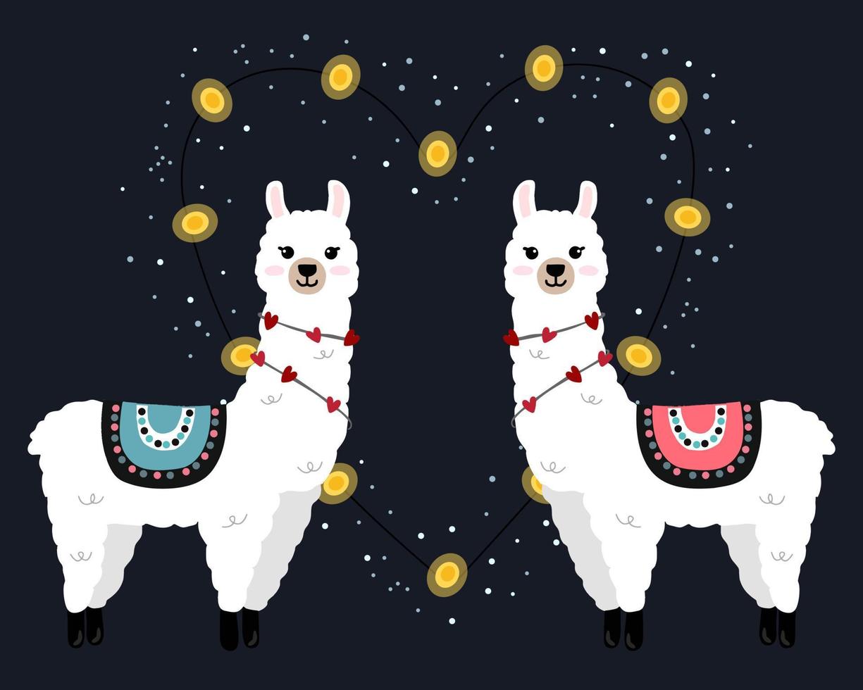 lindas llamas sobre fondo azul con corazones en estilo plano de dibujos animados. alpacas enamoradas ilustración vectorial para impresiones, textiles, tarjetas de felicitación, carteles, etc. ilustración vectorial vector