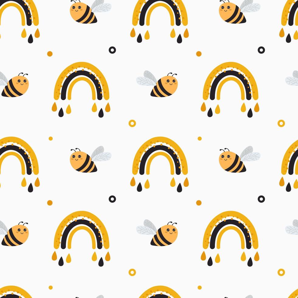 Seamless vector pattern with bee and rainbows. Baby background for wrapping paper,  greeting cards, design.