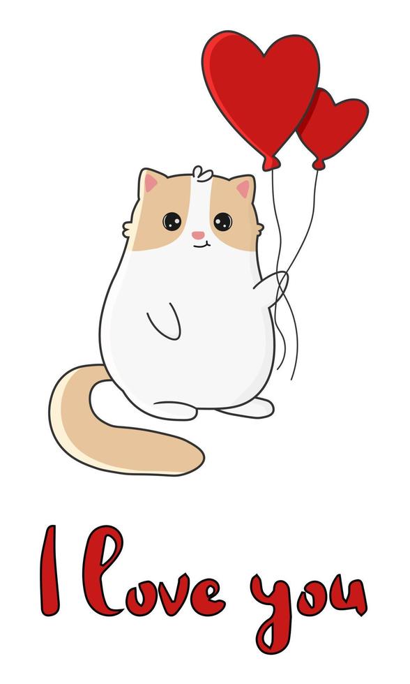 lindo gato de dibujos animados con globos. feliz tarjeta de felicitación del día de san valentín. ilustración vectorial vector