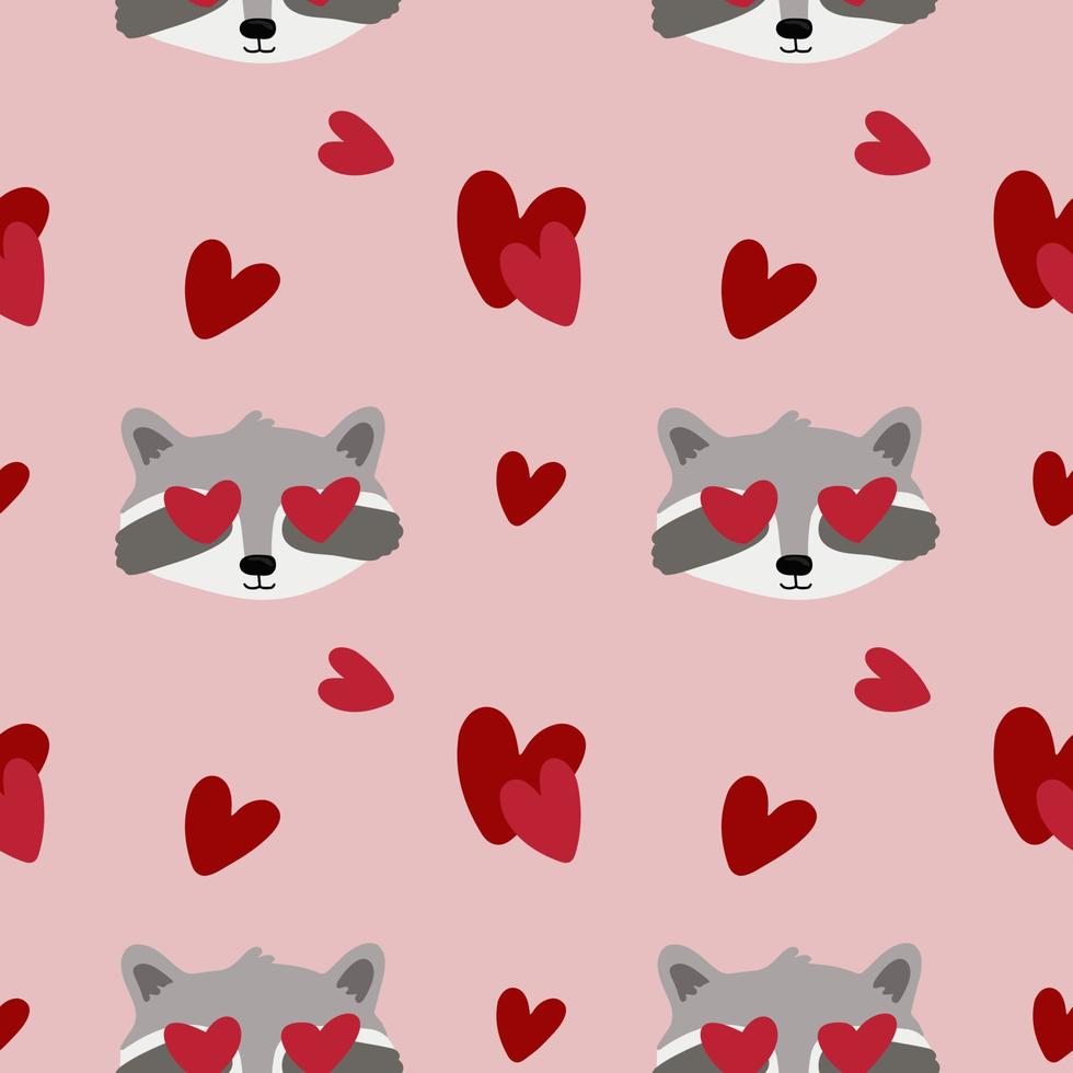 Seamless pattern with raccoons, hearts. Background for wrapping paper, textile, posters, cards. Happy Valentine's day. vector