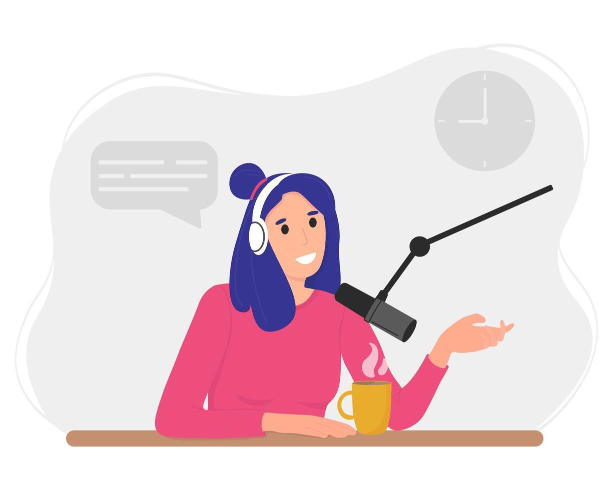 Cute cartoon young woman in a headphones talking and recording online podcast with microphone. Podcast concept. vector
