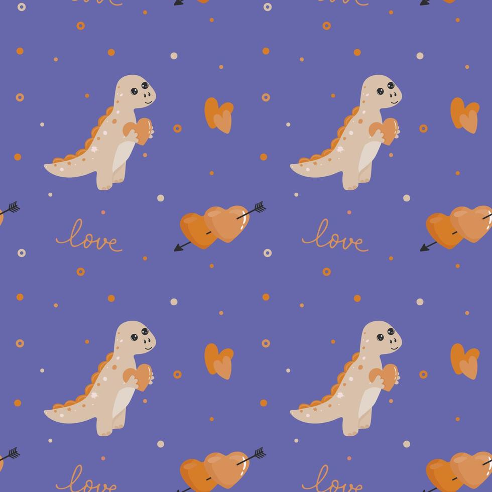 Seamless pattern with dinosaur and hearts. Background for wrapping paper, greeting cards and seasonal designs. Happy Valentine's day. vector