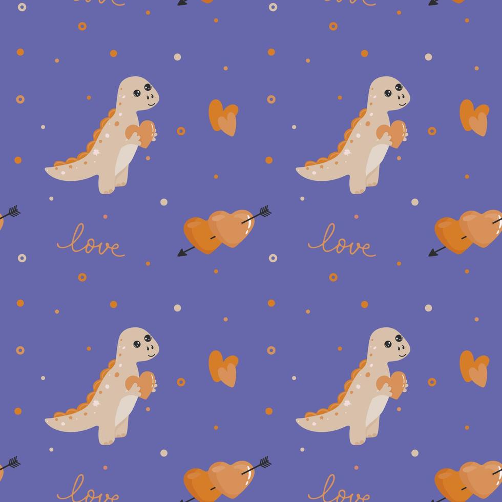 Seamless pattern with dinosaur and hearts. Background for wrapping paper, greeting cards and seasonal designs. Happy Valentine's day. vector