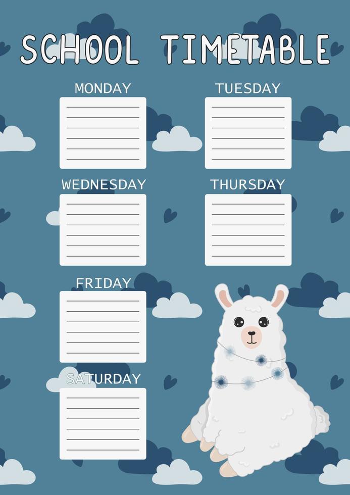 School timetable for kids with cute llama vector