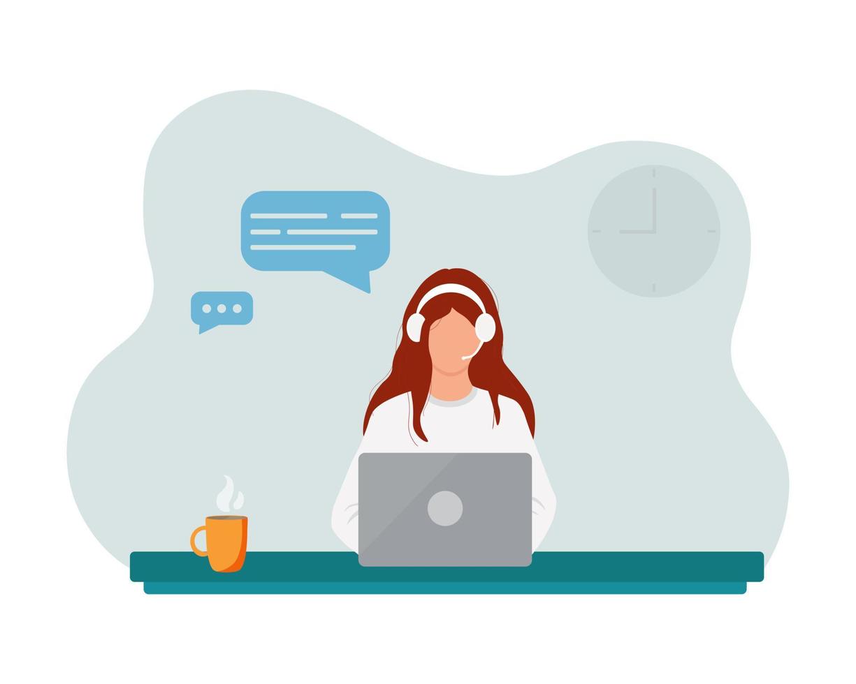 Woman is working  at the desktop with a laptop and headphones with microphone. Concept illustration for support, assistance, call center. Vector illustration in cartoon style