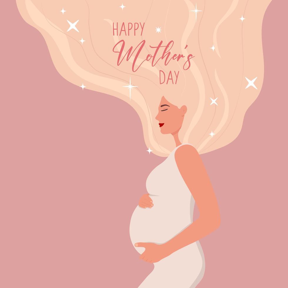 Happy pregnant woman holding her belly. vector