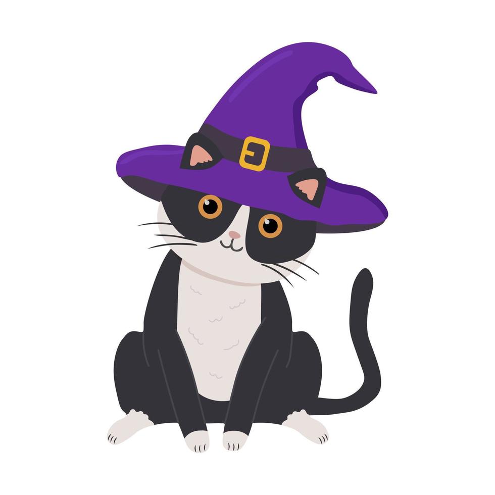 Black cat in a purple witch hat isolated on a white background. Illustration for posters, greeting card, decoration. Happy Halloween. vector