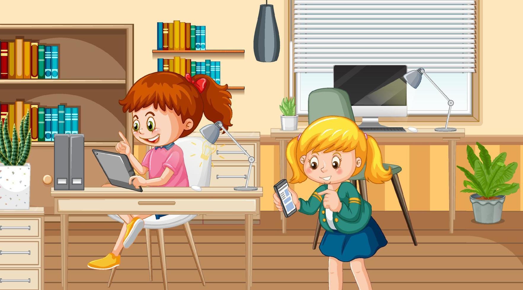 Children using technology devices at home vector