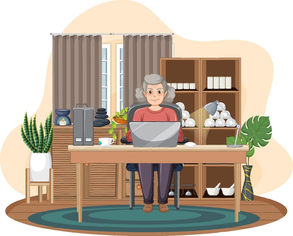 Senior woman using laptop on desk vector