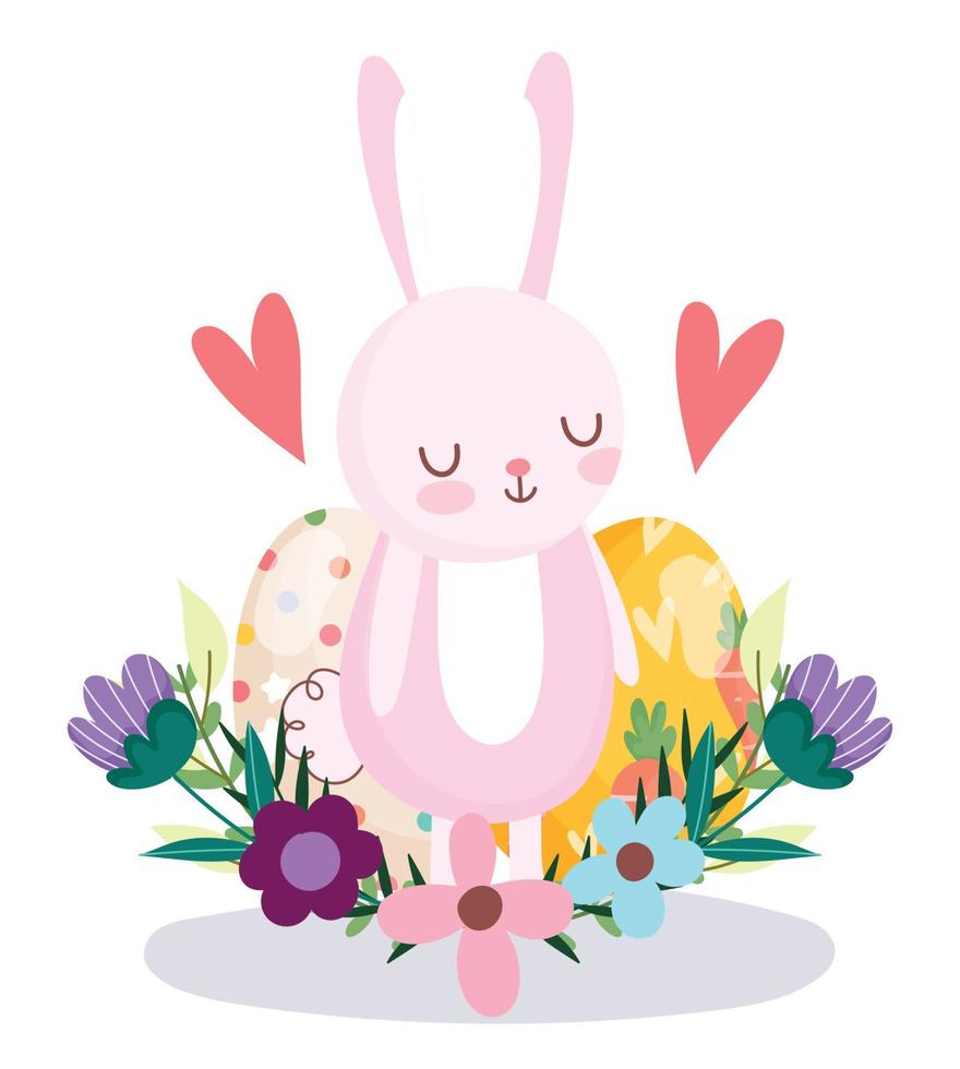 felices pascuas lindos huevos de conejo flores decoración de follaje vector