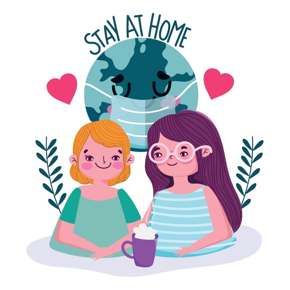 stay at home, young woman and man with coffee cup world covid 19 vector