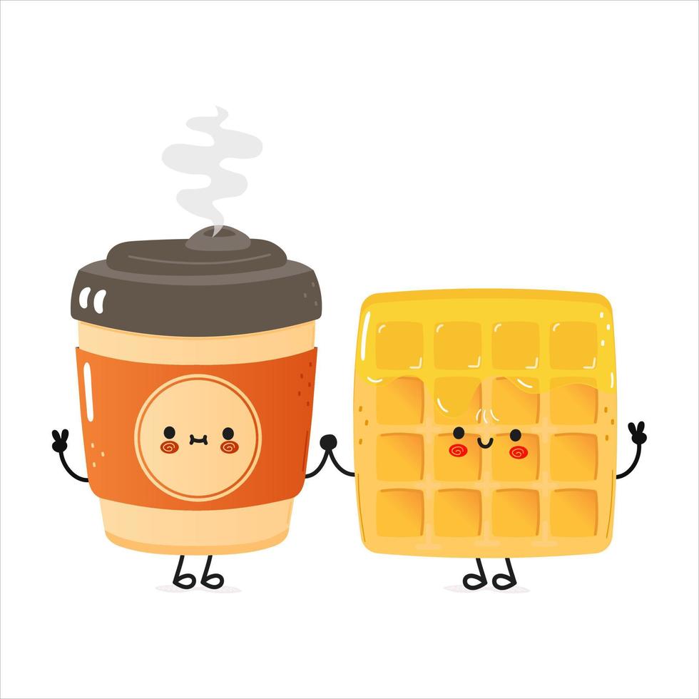 linda tarjeta feliz de donut de café y oblea. diseño de icono de ilustración de personaje de dibujos animados de estilo de fideos dibujado a mano vectorial. tarjeta de concepto de amigos felices del café y de la oblea vector